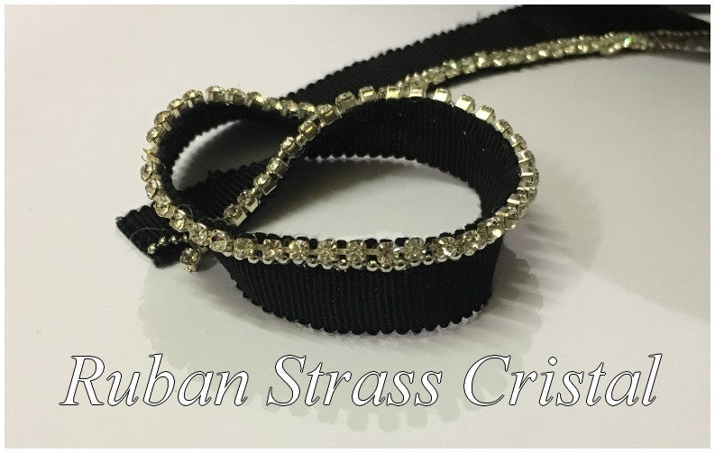 Ruban Strass Cristal Au Mètre Sur Ruban Gros Grain Noir