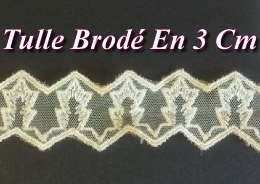 Ruban Sur Tulle Brodé Au Mètre En Ecru  Pour Loisirs Créatifs.