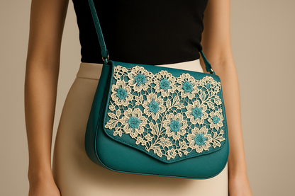 Guipure Turquoise et Écrue 17cm - Dentelle Florale Premium au Mètre