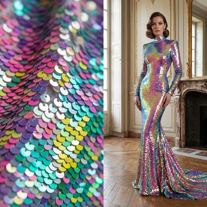 Tissu à sequins multicolores irisés, gros plan à gauche et inspiration de robe générée par IA à droite dans un château français. / Iridescent multicolour sequin fabric close-up on the left and AI-generated dress inspiration on the right in a French château.