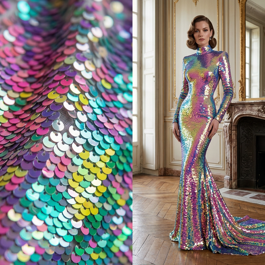 Tissu à sequins multicolores irisés, gros plan à gauche et inspiration de robe générée par IA à droite dans un château français. / Iridescent multicolour sequin fabric close-up on the left and AI-generated dress inspiration on the right in a French château.