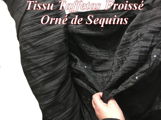Black Crushed Taffeta by the Meter Decorated with Small Black Sequins.