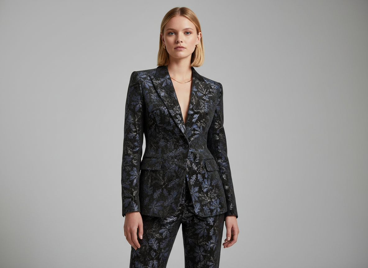 Velours Imprimé Noir et Bleu Marine 145 cm - Motif Floral Jacquard - Haute Couture