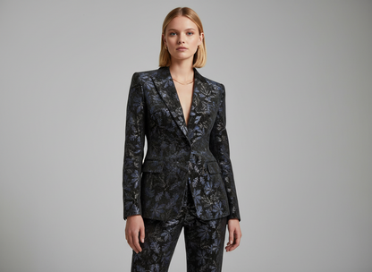 Velours Imprimé Noir et Bleu Marine 145 cm - Motif Floral Jacquard - Haute Couture