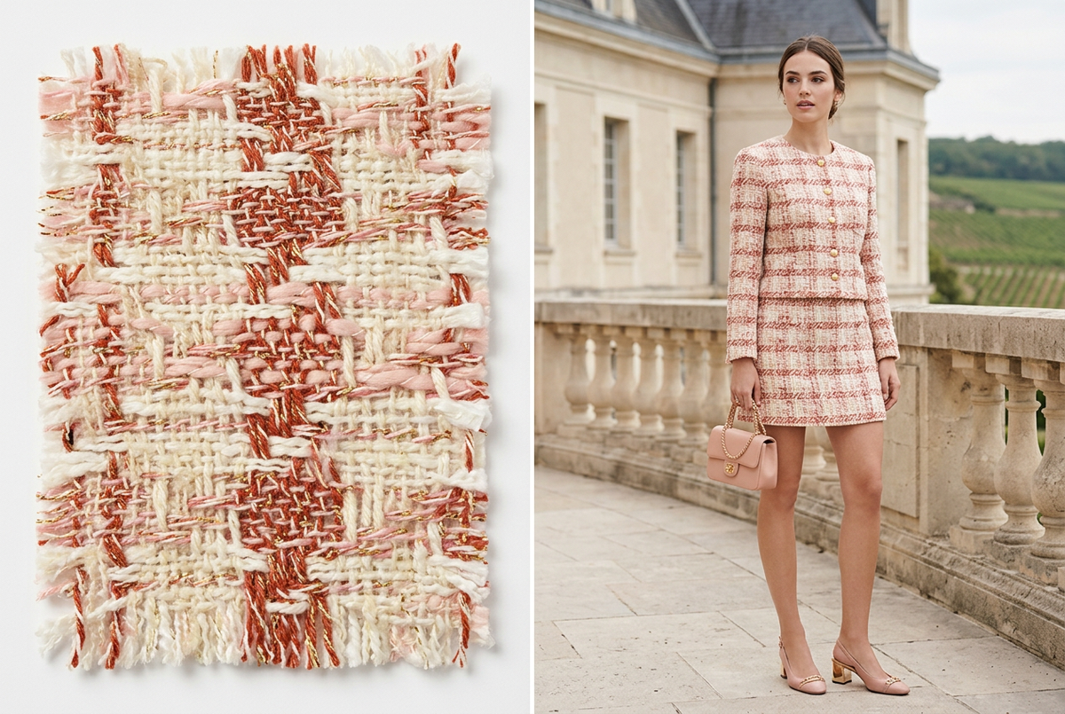 Tailleur jeune en tweed avec sac et chaussures rose poudré assortis