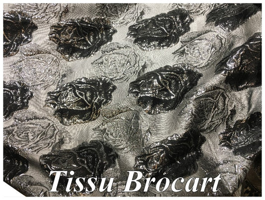 Tissu Brocart Argenté Au Mètre De Luxe En Motifs Fleurs Noir Pour Robes, Tailleurs Et Caftans