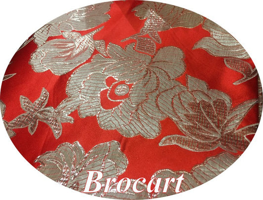 Tissu Brocart Argenté  Sur Fond Rouge Au Mètre De Luxe En Motifs Fleurs Pour Robes, Tailleurs Et Caftans