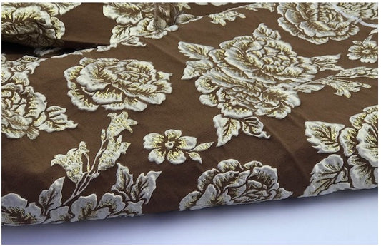 Tissu Brocart au Mètre Couture Marron choco Imprimé Fleurs Doré Or Pour la Confection de Robes, Tailleurs Et Caftans
