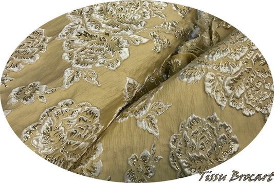 Tissu Brocart Au Mètre De Luxe En Motifs Fleurs Doré Or Imprimés Et En Relief Lurex Or Pour Robes, Tailleurs Et Caftans