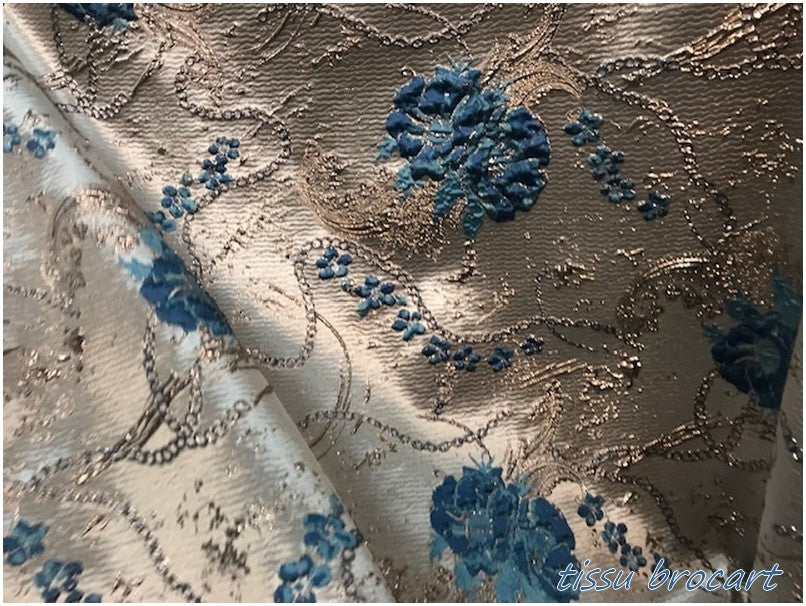Luxury Brocade Fabric By The Meter In Indigo Blue And Gold Flocked Floral Patterns Printed And Embossed.