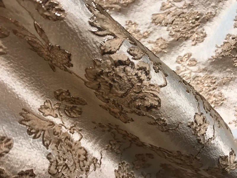 Tissu Brocart Au Mètre De Luxe En Motifs Fleurs Floquées Doré Or Imprimés Et En Relief Lurex Or Pour Robes, Tailleurs Et Caftans