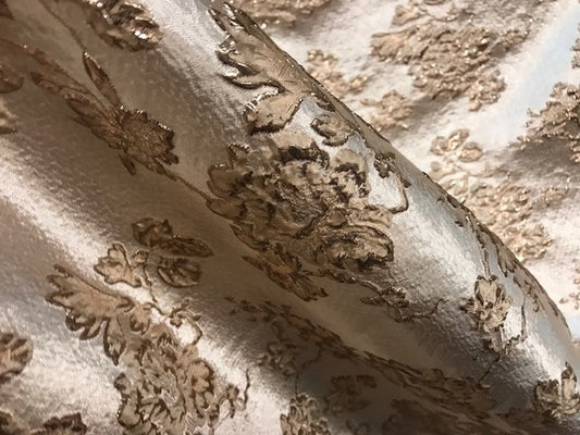 Tissu Brocart Au Mètre De Luxe En Motifs Fleurs Floquées Doré Or Imprimés Et En Relief Lurex Or Pour Robes, Tailleurs Et Caftans