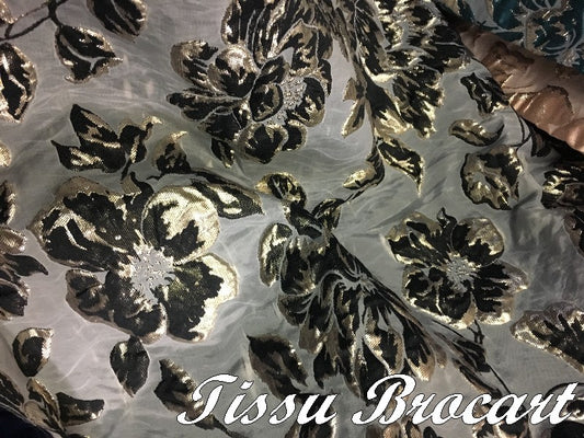 Tissu Brocart Au Mètre De Luxe En Motifs Fleurs Noir  Imprimés Et En Reliefs  Doré Or Pour Robes, Tailleurs Et Caftans.