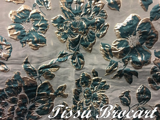Tissu Brocart au Mètre De Luxe En Motifs Fleurs Vert Emeraude et Doré Or Imprimés Et En Reliefs Pour Robes, Tailleurs Et Caftans
