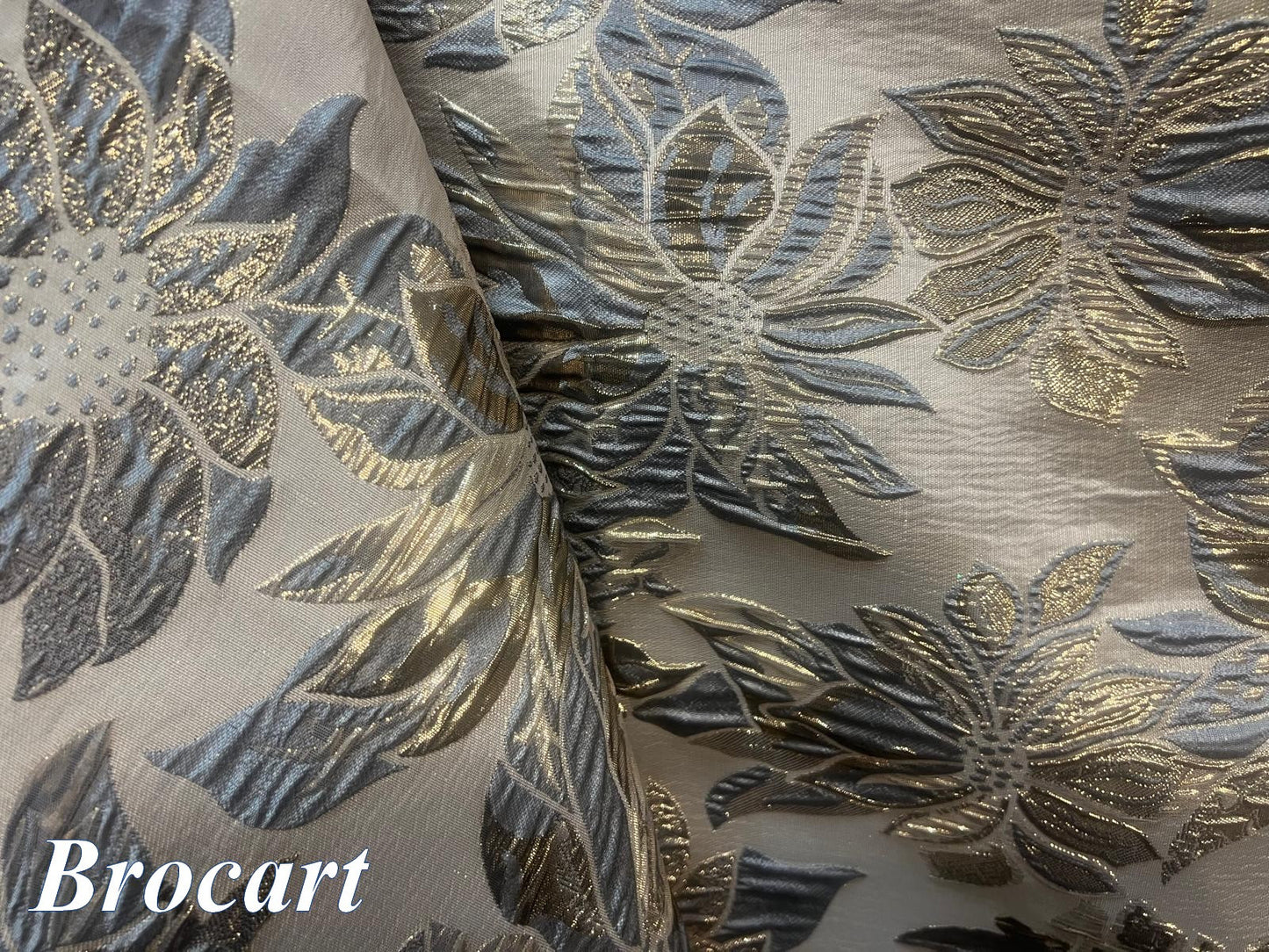 Gold Beige Brocade Fabric with Sublime Flowers in Grey and Gold: Elegance and Refinement