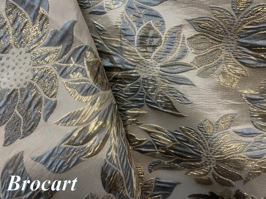 Gold Beige Brocade Fabric with Sublime Flowers in Grey and Gold: Elegance and Refinement