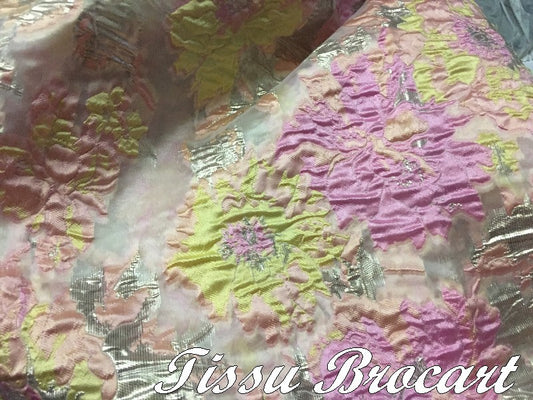 Couture Brocade Fabric in Flocked Flower Patterns in Fuschia Yellow and Silver Color Printed for Dresses, Suits and Caftans.