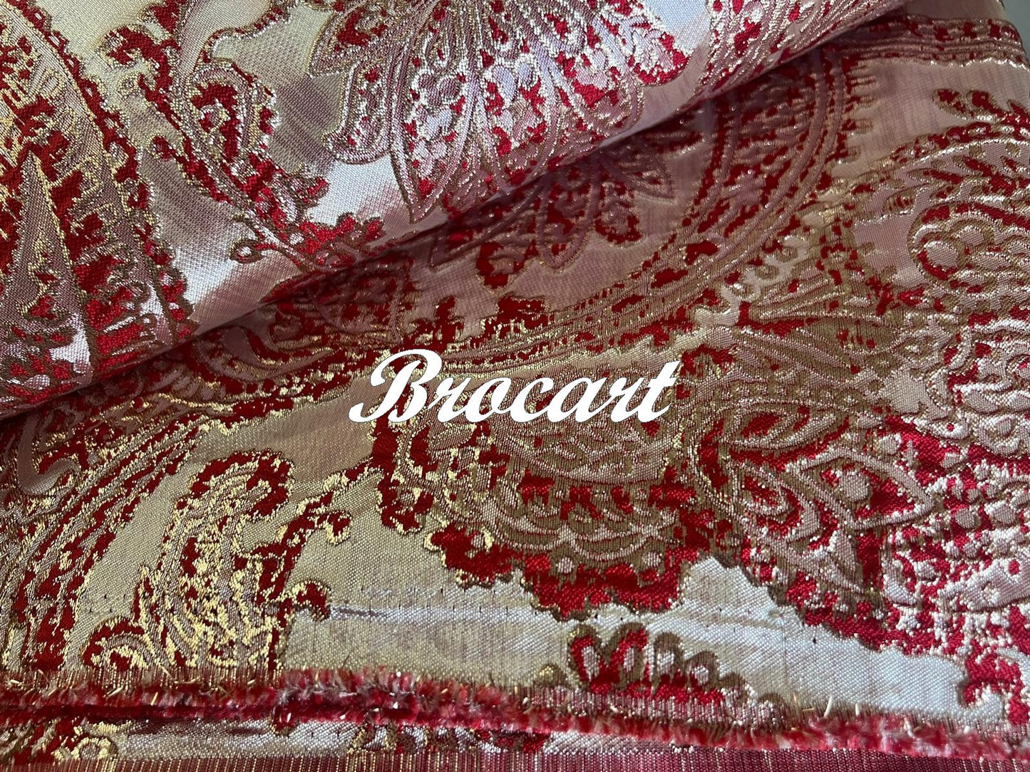 Gold Brocade Fabric with Red Floral Patterns: Royal Shine - Royal Shine: Gold Brocade Fabric with Red Floral Patterns
