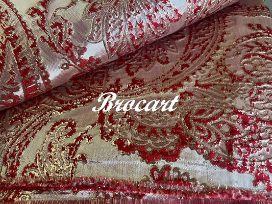 Gold Brocade Fabric with Red Floral Patterns: Royal Shine - Royal Shine: Gold Brocade Fabric with Red Floral Patterns