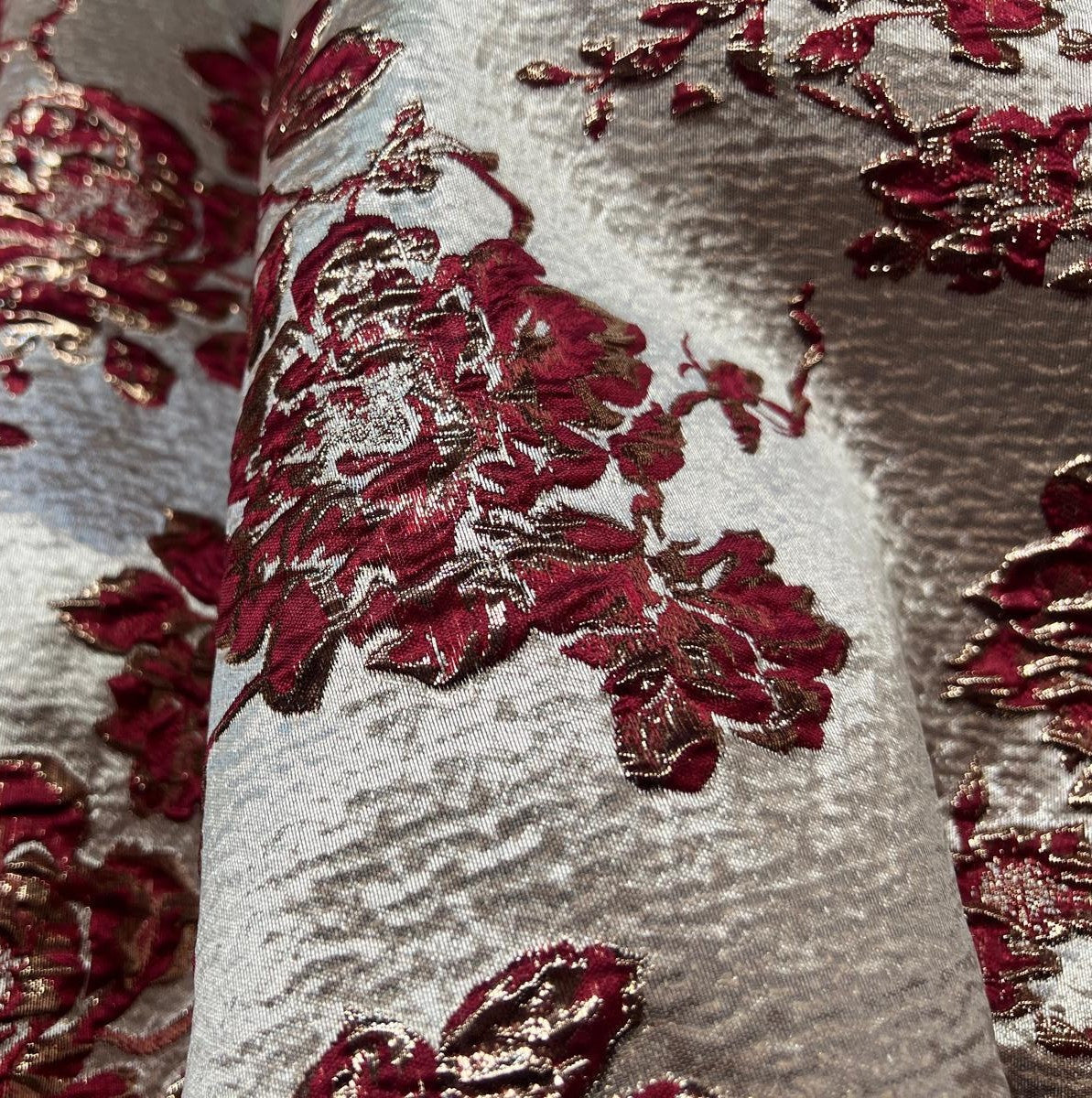 Burgundy Red and Gold Floral Brocade Fabric - Elegance and Luxury for Haute Couture and Decoration