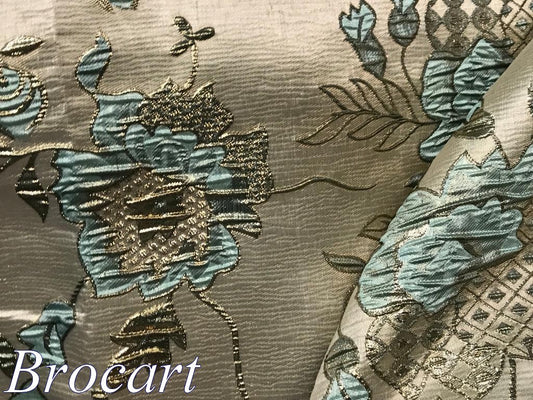 Tissu Brocart Vert D'eau Au Mètre De Luxe En Motifs Fleurs Floqué Doré Or