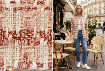 Tissu à côté d’une jeune femme blonde portant une veste en tweed, un jean et des baskets blanches dans un café