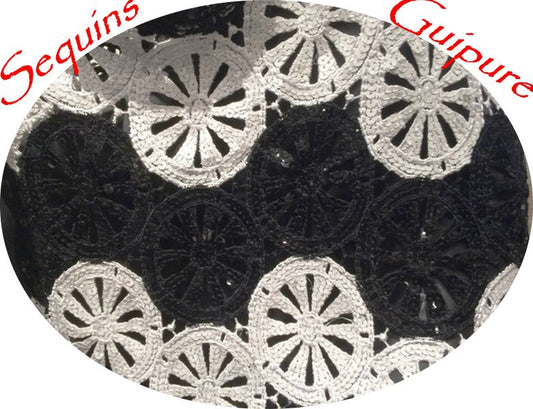 Guipure Lace and Sequins Fabric Couture in Black and White, Customizations.