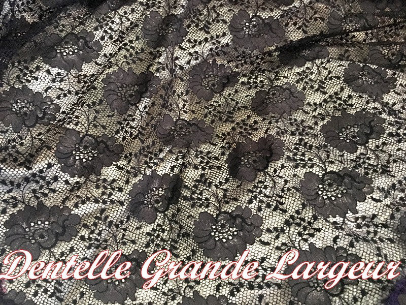 Black Wide Lycra Lace Fabric with Black Flower Patterns for Lingerie, Decorations, and Customizations.