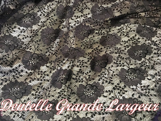 Black Wide Lycra Lace Fabric with Black Flower Patterns for Lingerie, Decorations, and Customizations.