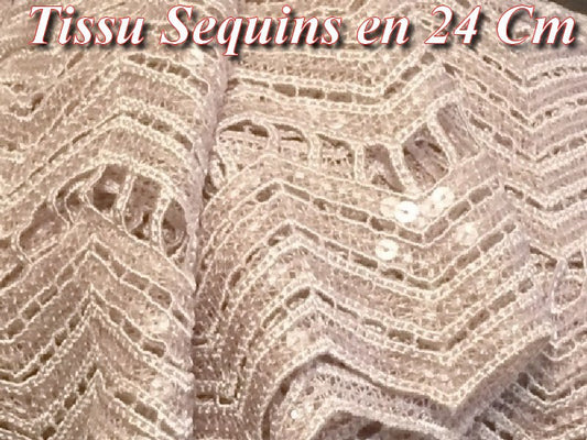 24cm Openwork Guipure Lace Fabric in Transparent Sequins in Old Pink Color