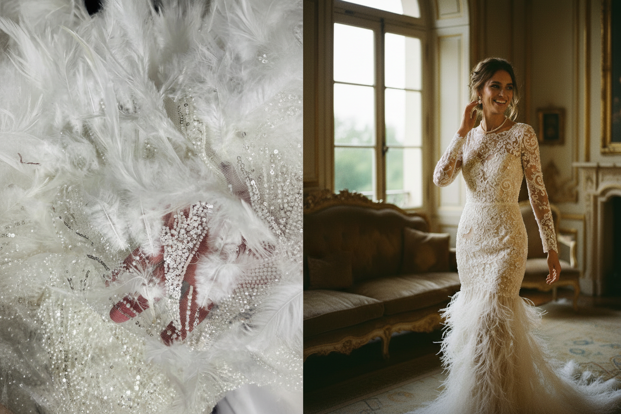 "Robe de soirée serrée en dentelle ivoire perlée avec plumes blanches en bas – tissu haute couture 145 cm"
"Fitted long evening gown in ivory pearl-embellished lace with white feathers at the hem – haute couture fabric 145 cm sold by the meter"