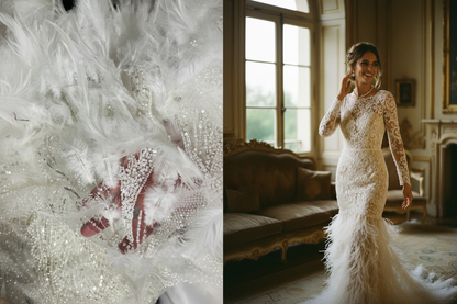 "Robe de soirée serrée en dentelle ivoire perlée avec plumes blanches en bas – tissu haute couture 145 cm"
"Fitted long evening gown in ivory pearl-embellished lace with white feathers at the hem – haute couture fabric 145 cm sold by the meter"