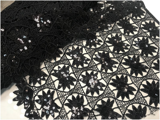 Black Sequin and Glitter Guipure Fabric by the Meter in Large Width