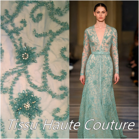 Haute Couture Pearl Fabric on Turquoise Mesh for Cocktail Dresses, Ceremonies and Caftans.