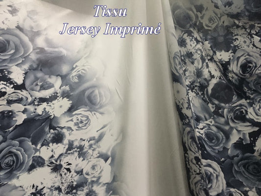 White Lycra Jersey Fabric Printed with Indigo Blue Flowers by the Meter.