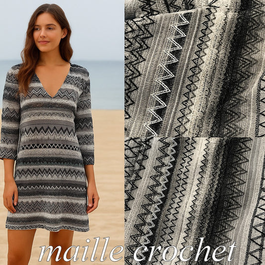 Tissu maille crochet graphique noir et blanc – au mètre