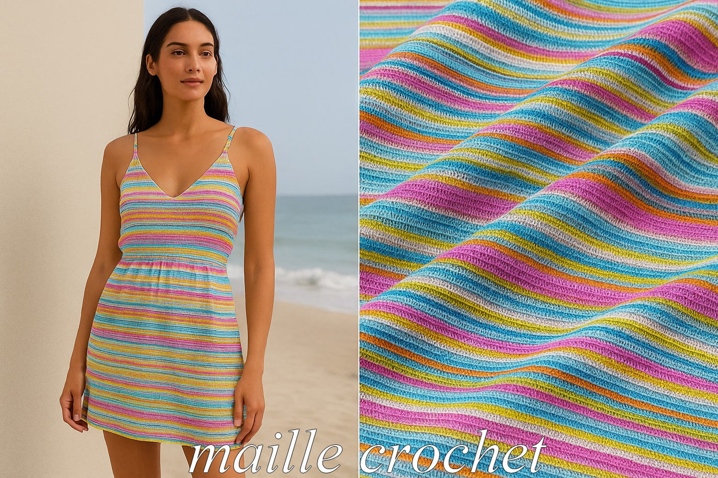 Tissu maille crochet multicolore – au mètre