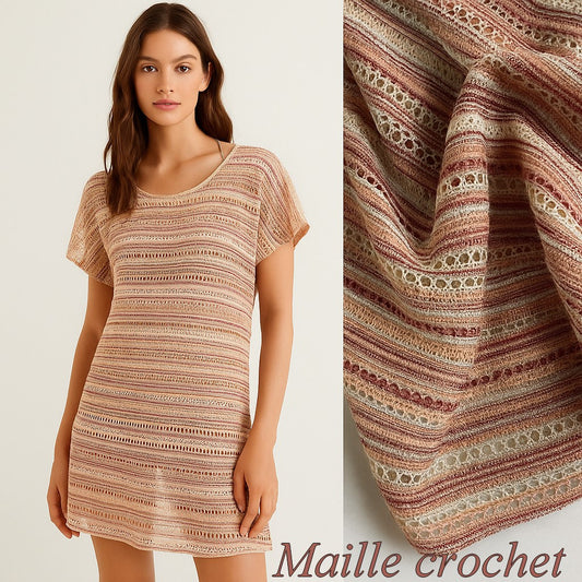 Tissu Maille Crochet Multicolore – Style Tricot Ajourné – Vendu au Mètre