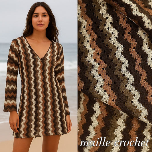 Tissu maille crochet ondulée marron-beige – au mètre