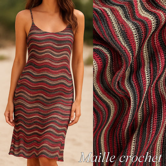 Tissu Maille Crochet  rayée rouge, noir et beige – au mètre
