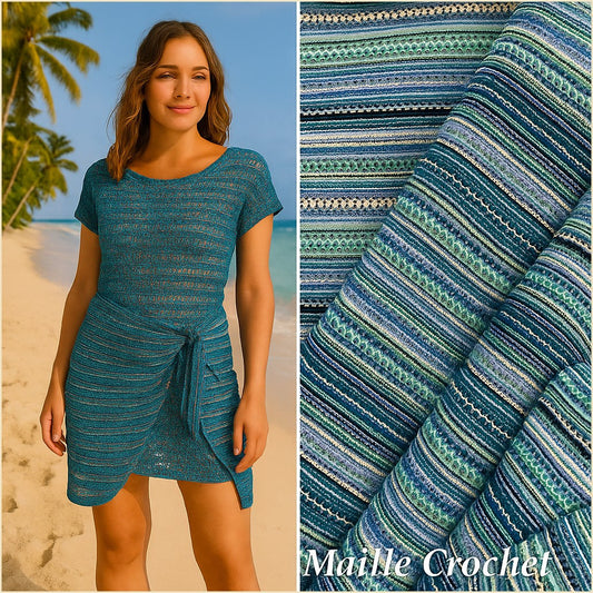 🧶 Tissu Maille Fantaisie Style Crochet – Rayures Bleues et Vertes