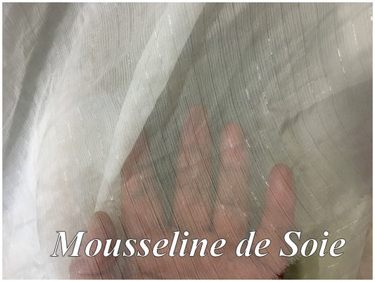 Tissu Mousseline De Soie Blanche Orné De Fil Rayure Argent Couture  Au Mètre.