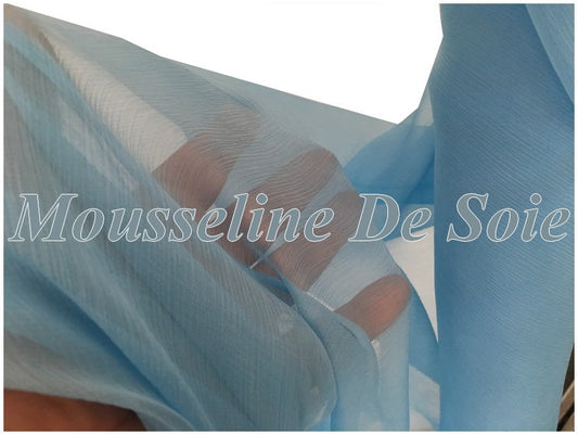Tissu Mousseline De Soie Bleu Ciel Couture  Au Mètre.