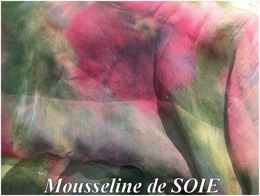 Tissu Mousseline de Soie Imprimé Floral  fondue Haute Couture Multicolor Au Mètre.