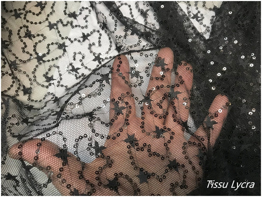 Tela elástica de lentejuelas negras por metro, tela de licra negra para lencería en gran ancho.