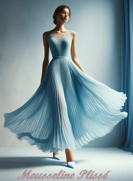 Tissu Plissé en Mousseline Bleu Ciel Couture Au Mètre