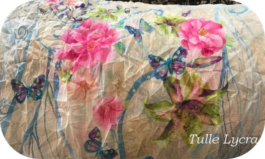 Tela de malla arrugada con estampado de flores de licra por metro