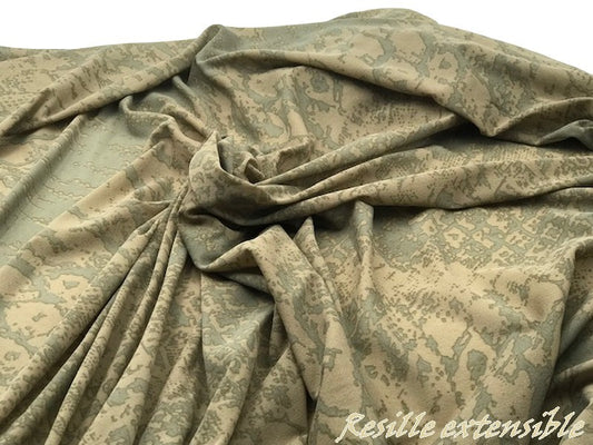 Tissu Résille Imprimée Kaki Et Beige Extensible au Mètre