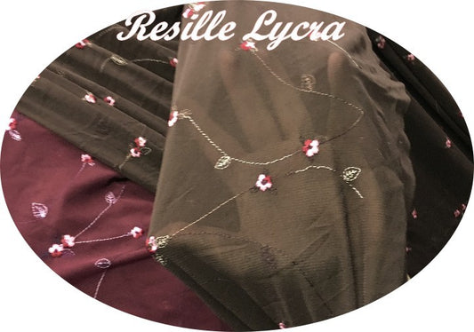 Tela de malla de lycra bordada por metro con estampado de flores en color marrón para leotardos.