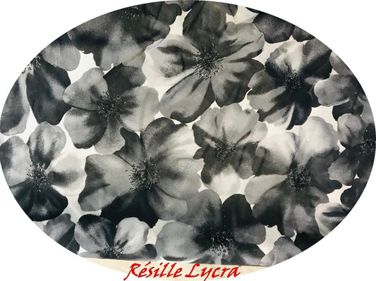 Tela de malla de licra fina con estampado de flores negras, costura por metros